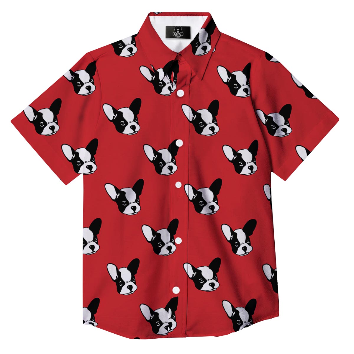 Bulldog Red French Print Pattern Button Up Shirt-grizzshop