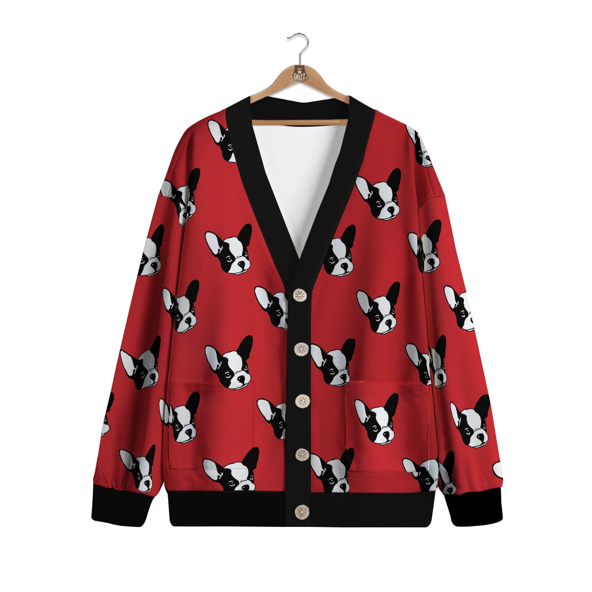 Bulldog Red French Print Pattern Cardigan-grizzshop