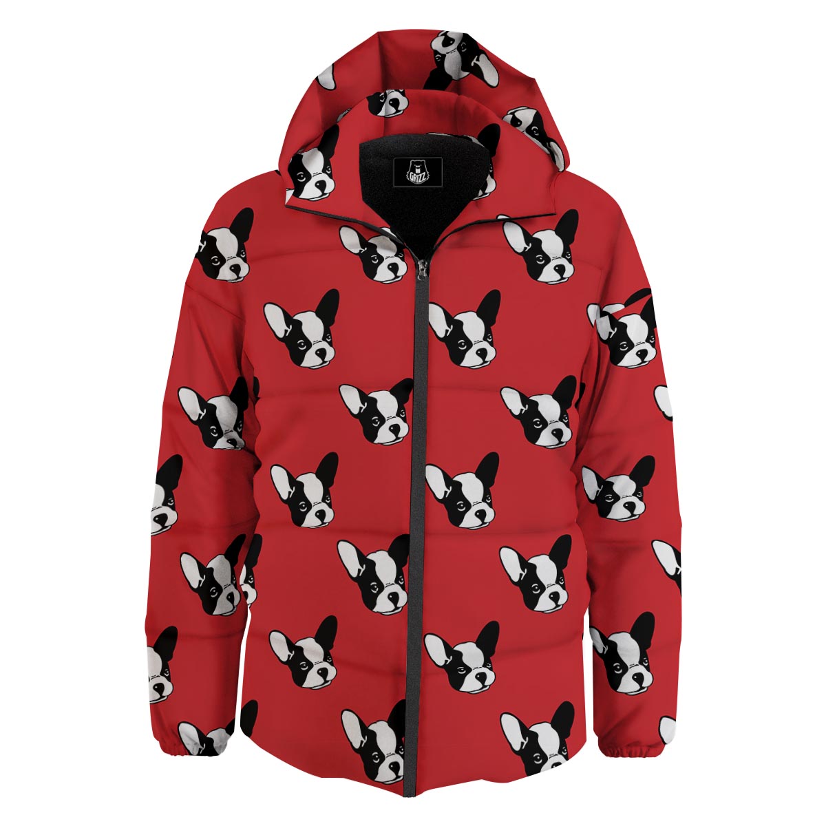 Bulldog Red French Print Pattern Down Jacket-grizzshop