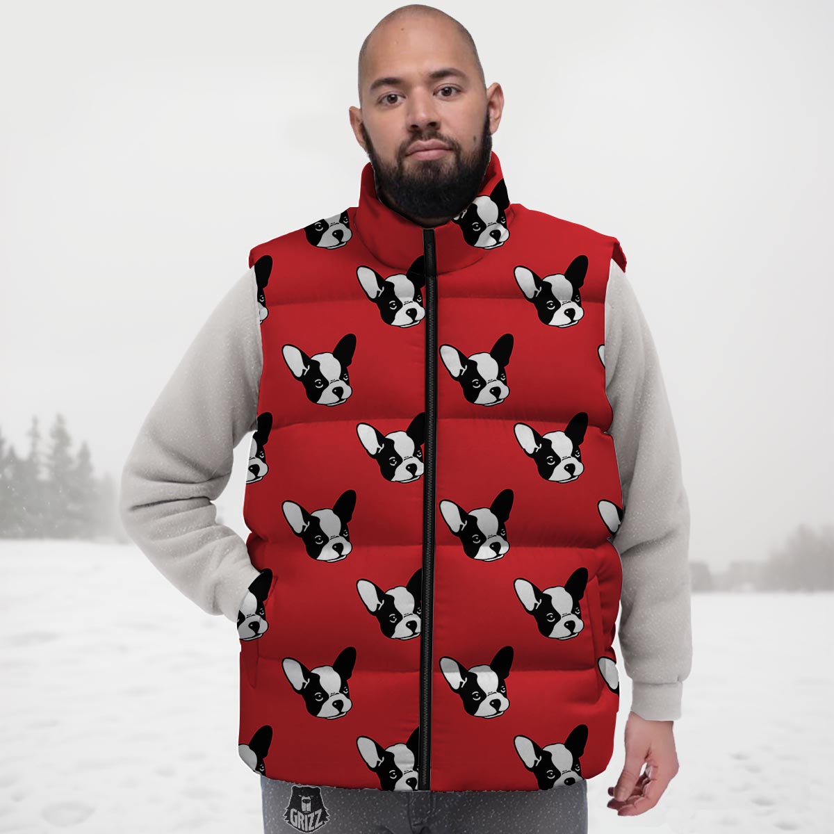 Bulldog Red French Print Pattern Down Vest