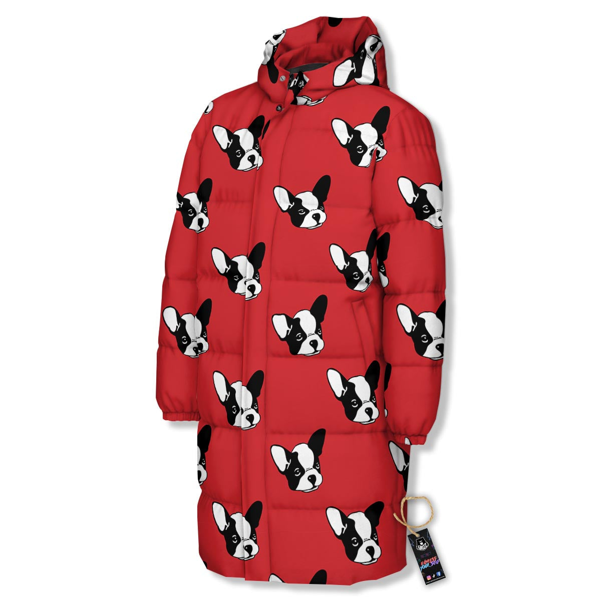 Bulldog Red French Print Pattern Long Down Jacket-grizzshop