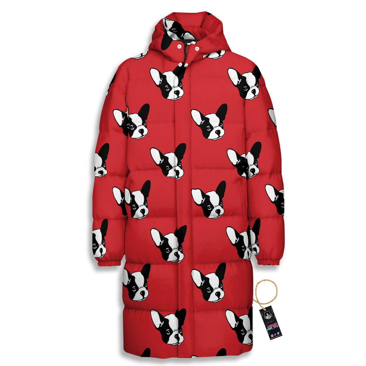 Bulldog Red French Print Pattern Long Down Jacket-grizzshop