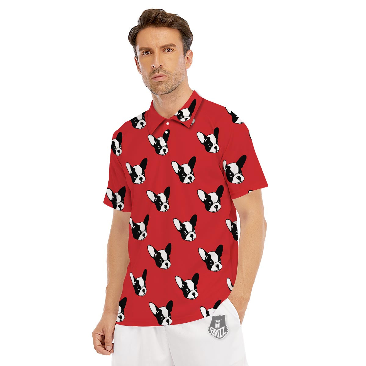 Bulldog Red French Print Pattern Men's Golf Shirts-grizzshop