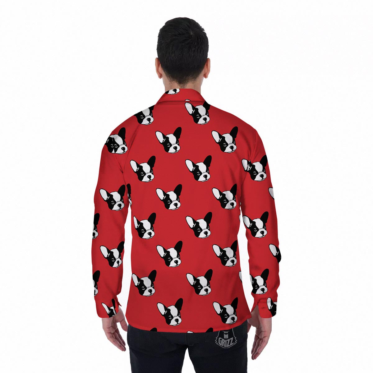 Bulldog Red French Print Pattern Men's Long Sleeve Shirts-grizzshop