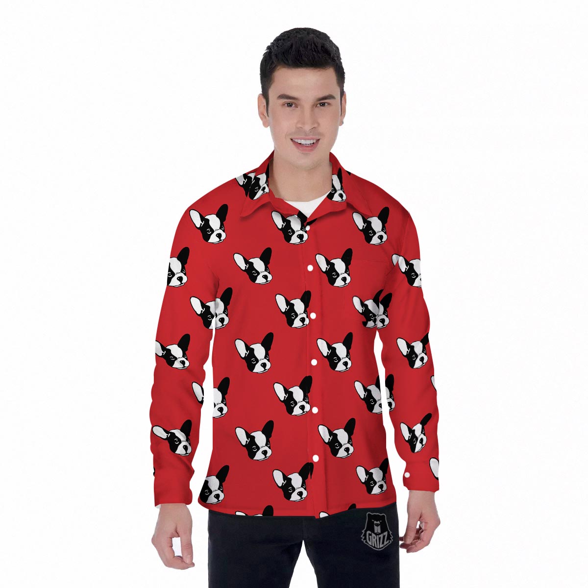 Bulldog Red French Print Pattern Men's Long Sleeve Shirts-grizzshop