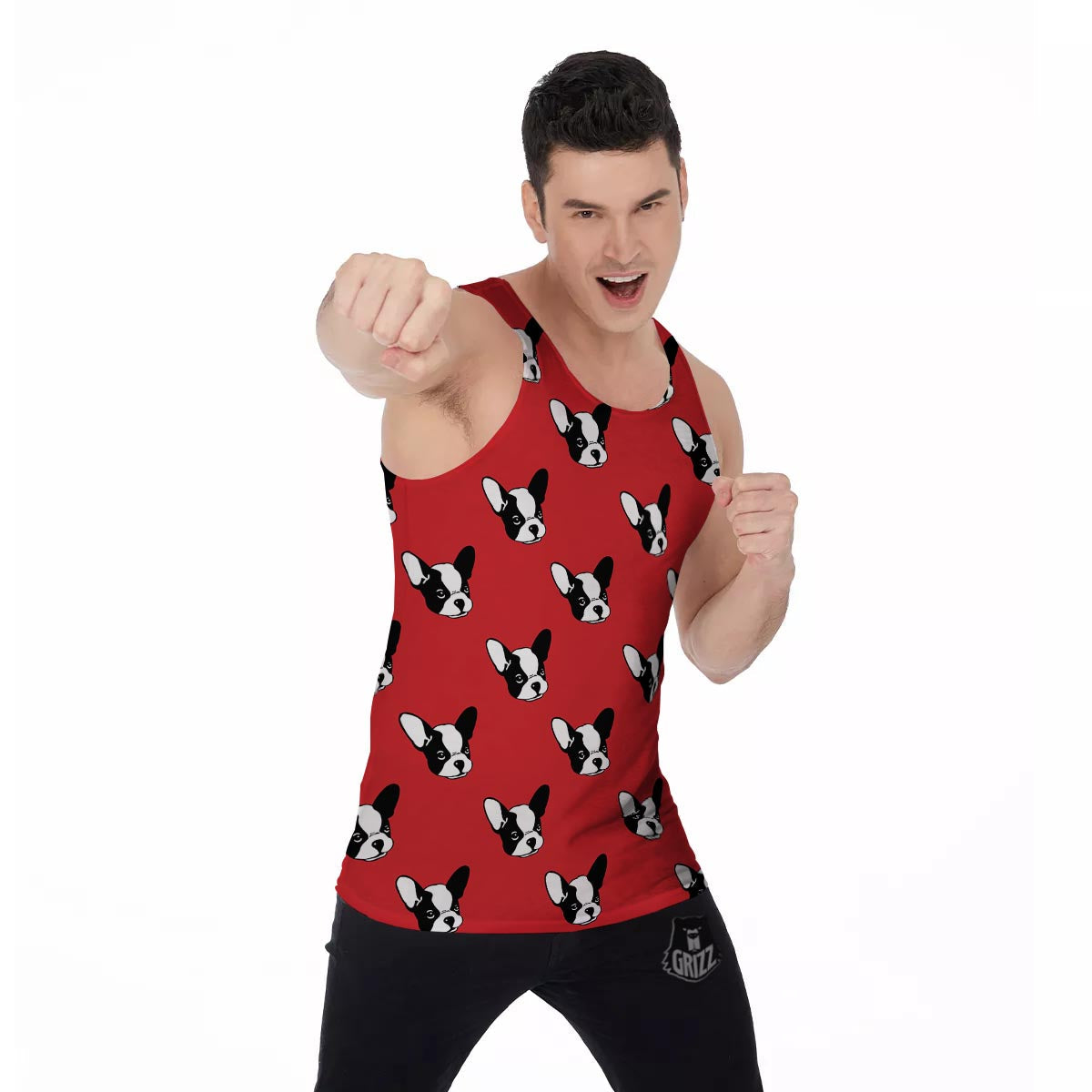 Bulldog Red French Print Pattern Men's Tank Top-grizzshop
