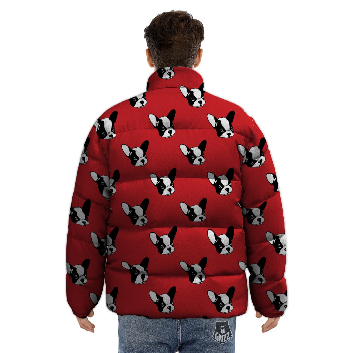Bulldog Red French Print Pattern Puffer Jacket-grizzshop