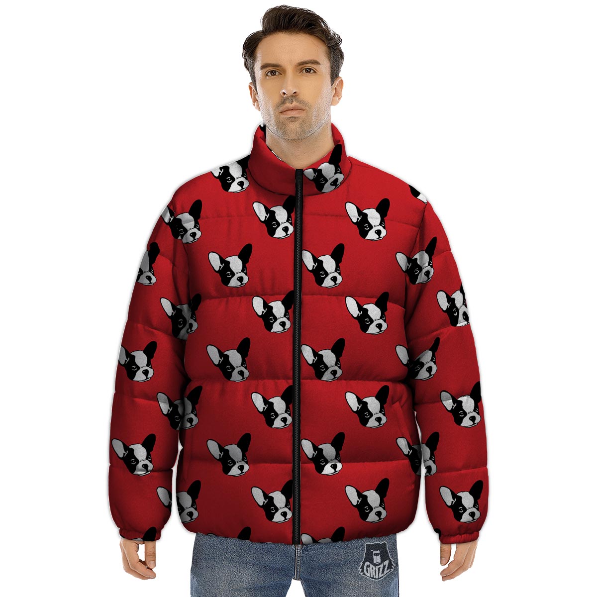 Bulldog Red French Print Pattern Puffer Jacket-grizzshop