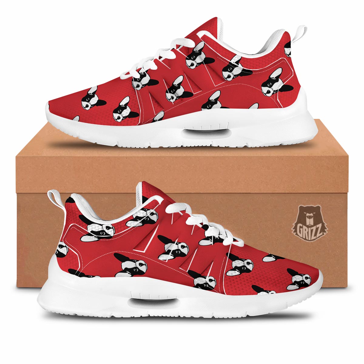 Bulldog Red French Print Pattern Tennis Shoes-grizzshop