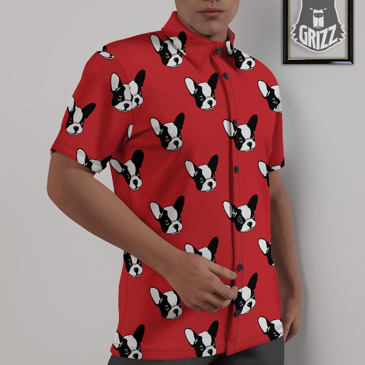 Bulldog Red French Print Pattern Untucked Shirts-grizzshop