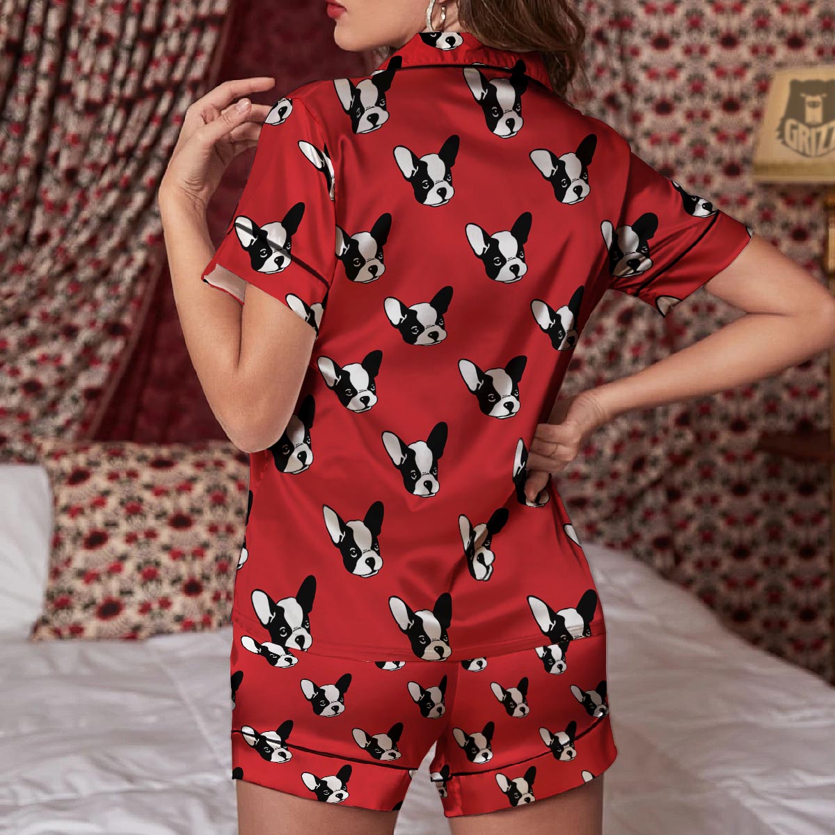 Bulldog Red French Print Pattern Women Silk Pajamas-grizzshop