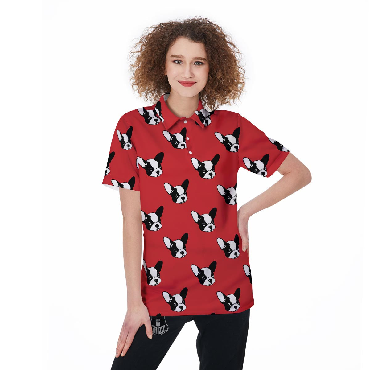 Bulldog Red French Print Pattern Women's Golf Shirts-grizzshop