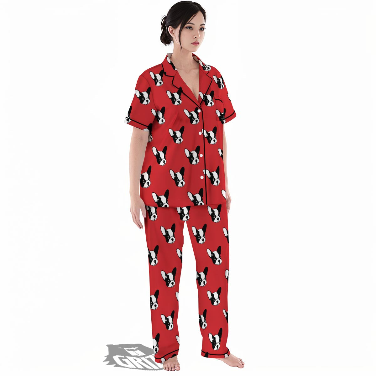 Bulldog Red French Print Pattern Women's Pajamas Set-grizzshop
