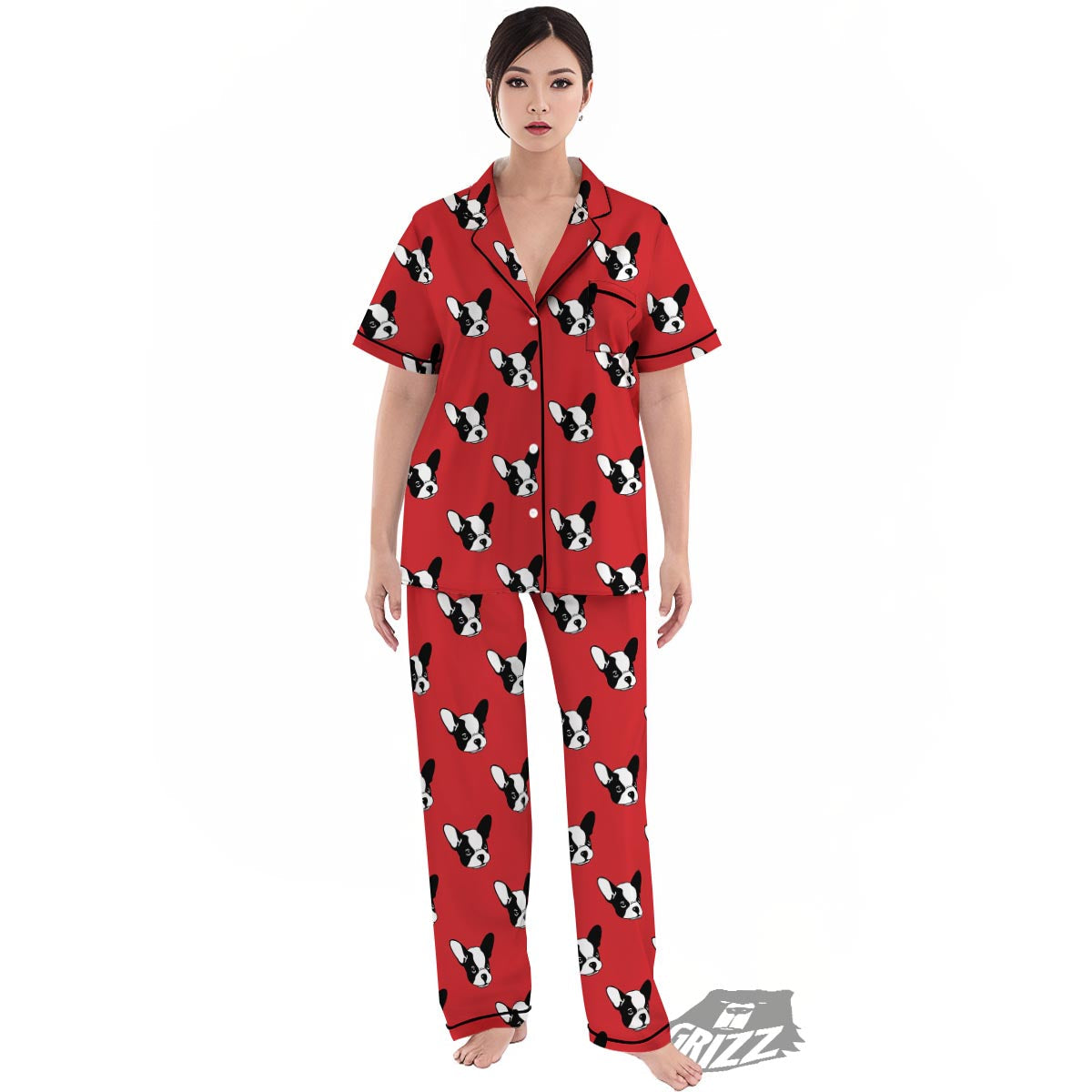 Bulldog Red French Print Pattern Women's Pajamas Set-grizzshop