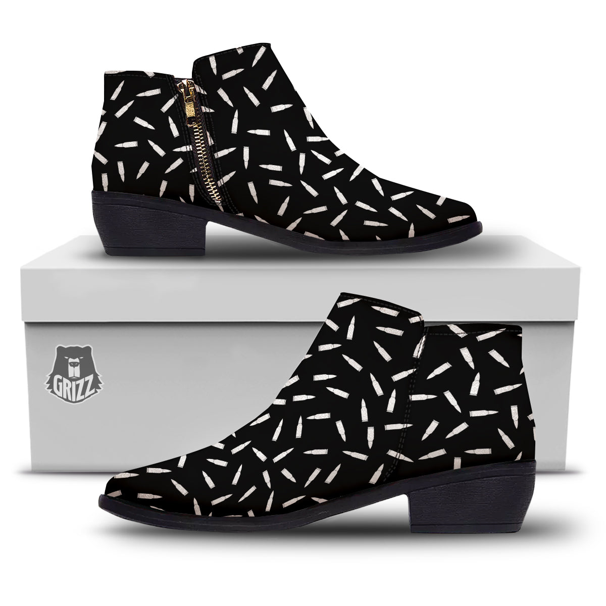 Bullet Gun White Print Pattern Ankle Boots-grizzshop