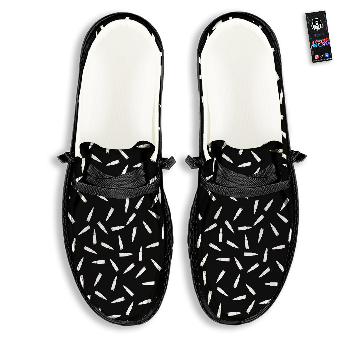Bullet Gun White Print Pattern Black Loafers-grizzshop