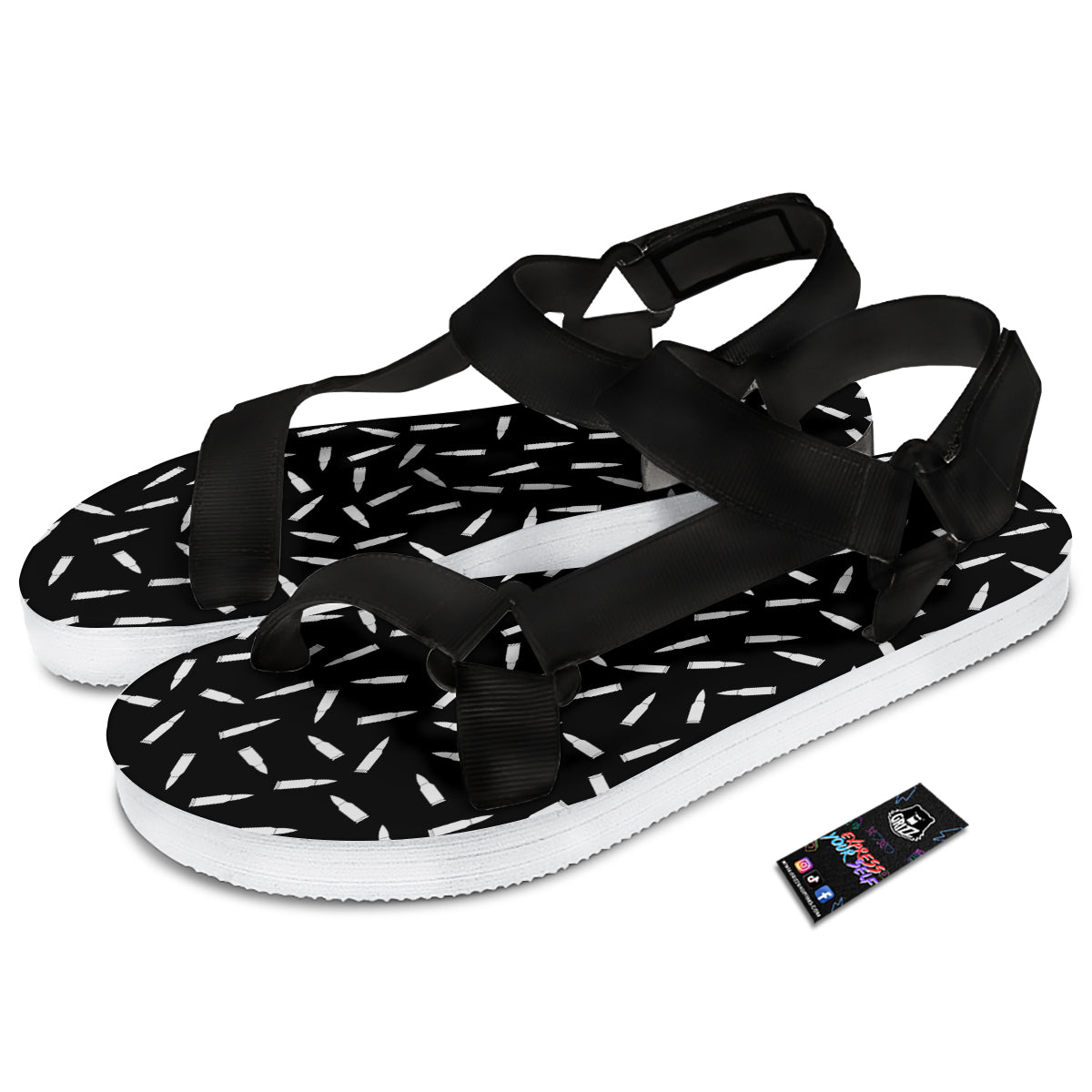 Bullet Gun White Print Pattern Black Open Toe Sandals-grizzshop
