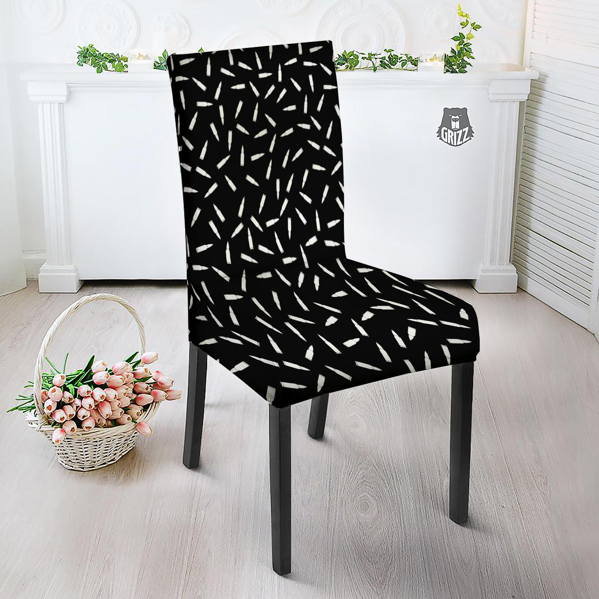 Bullet Gun White Print Pattern Dining Chair Slipcover-grizzshop