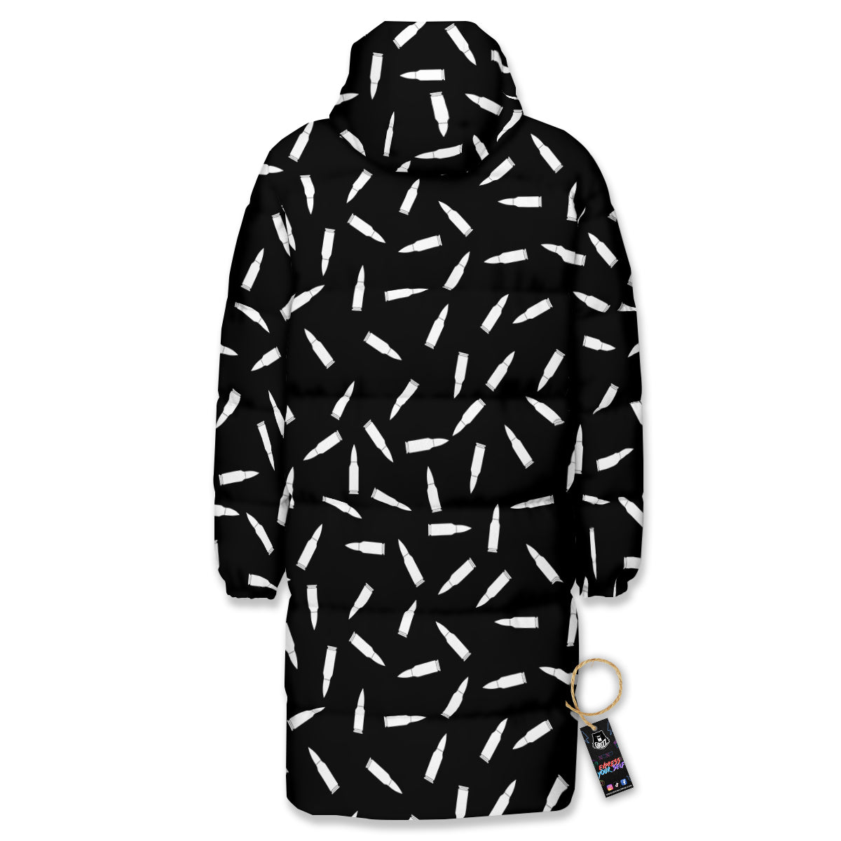 Bullet Gun White Print Pattern Long Down Jacket-grizzshop
