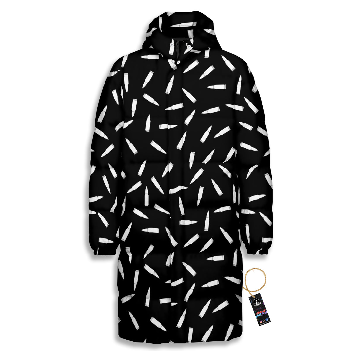 Bullet Gun White Print Pattern Long Down Jacket-grizzshop