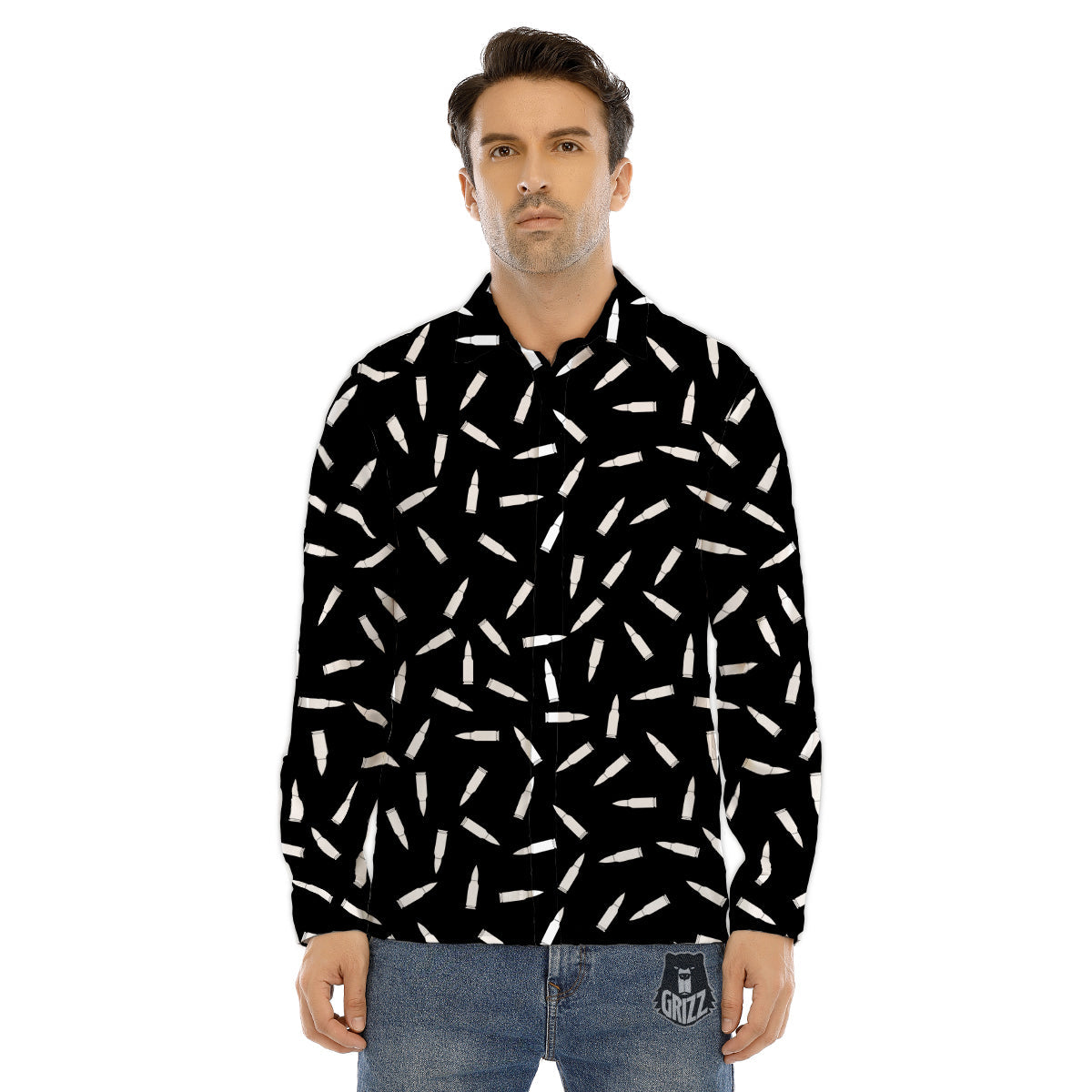 Bullet Gun White Print Pattern Men's Dress Shirts-grizzshop