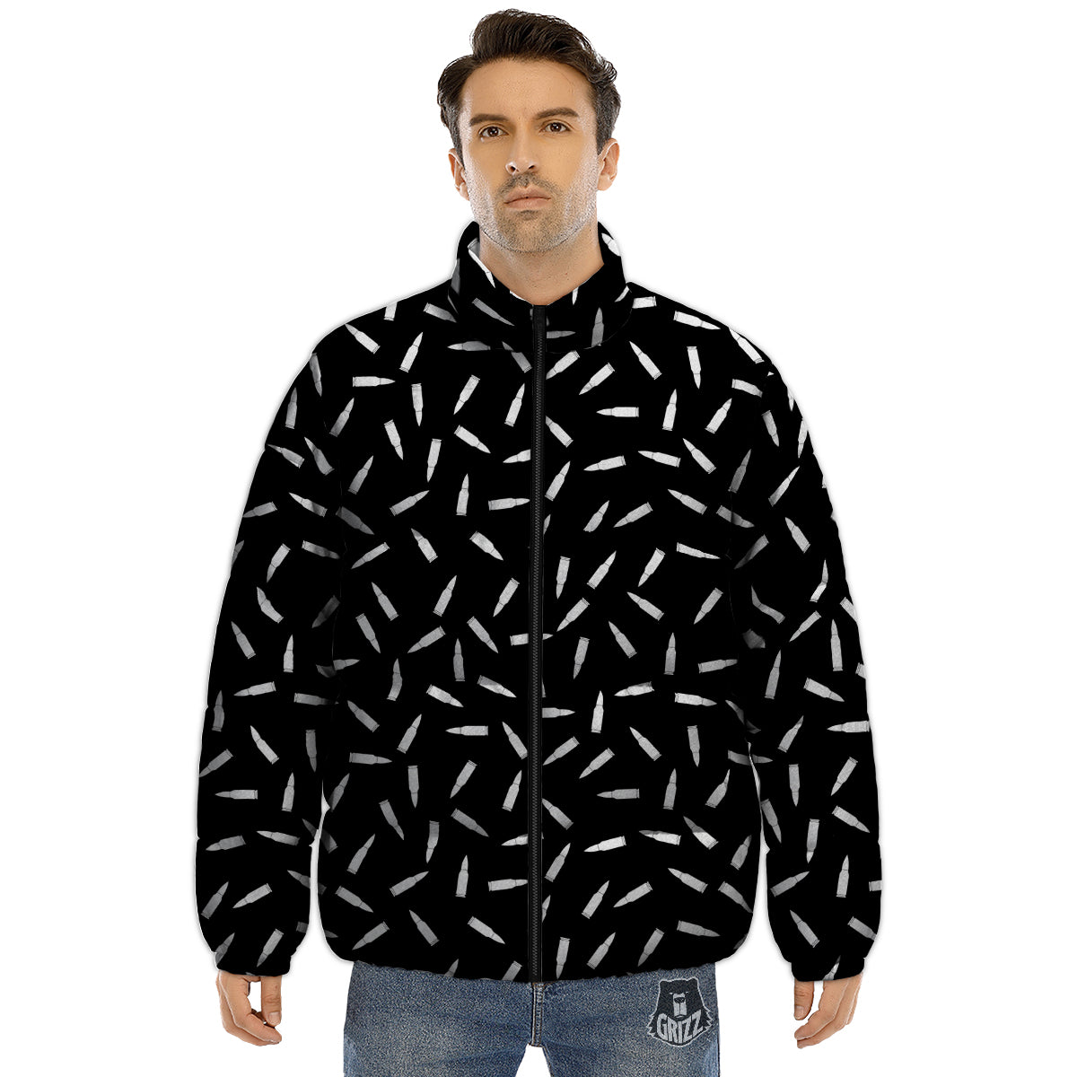 Bullet Gun White Print Pattern Puffer Jacket-grizzshop
