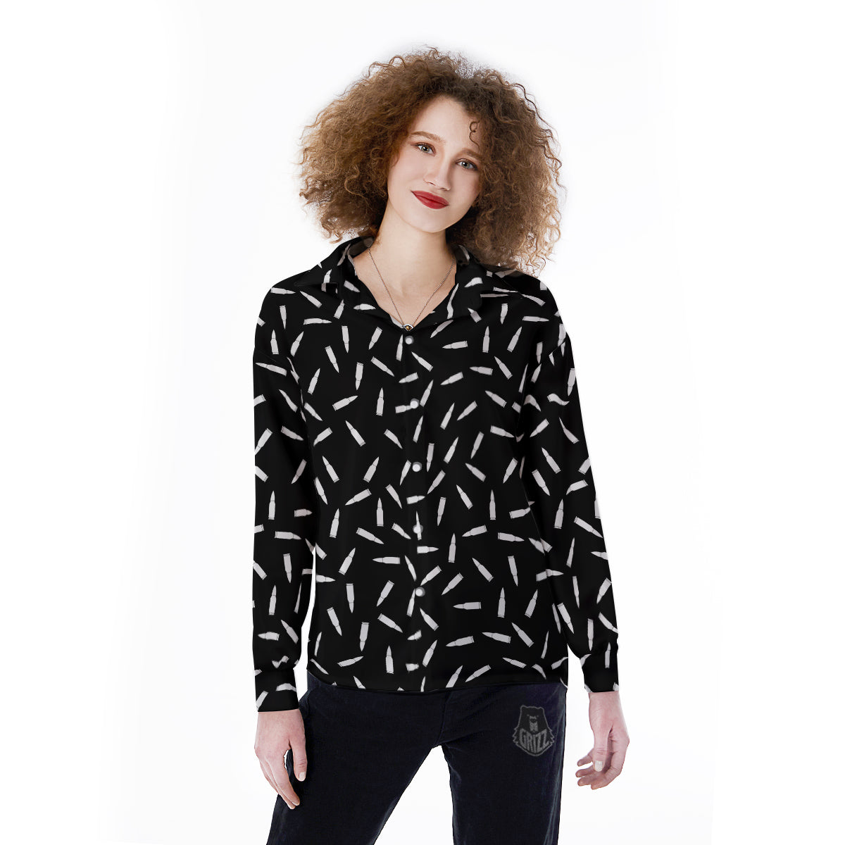 Bullet Gun White Print Pattern Women's Long Sleeve Shirts-grizzshop