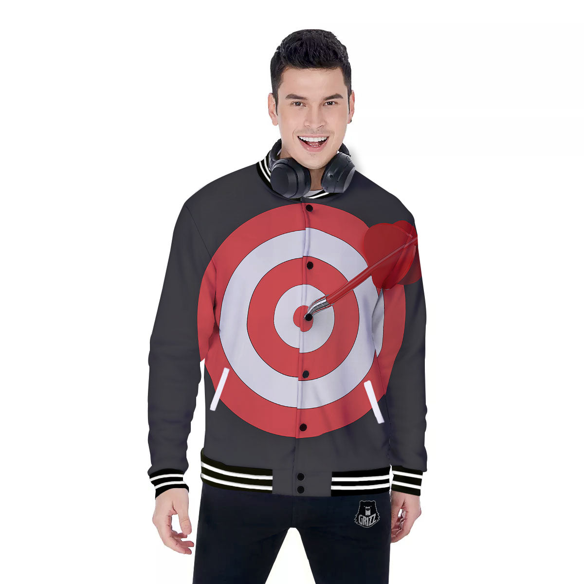 Bullseye Target White And Red Print Baseball Jacket-grizzshop