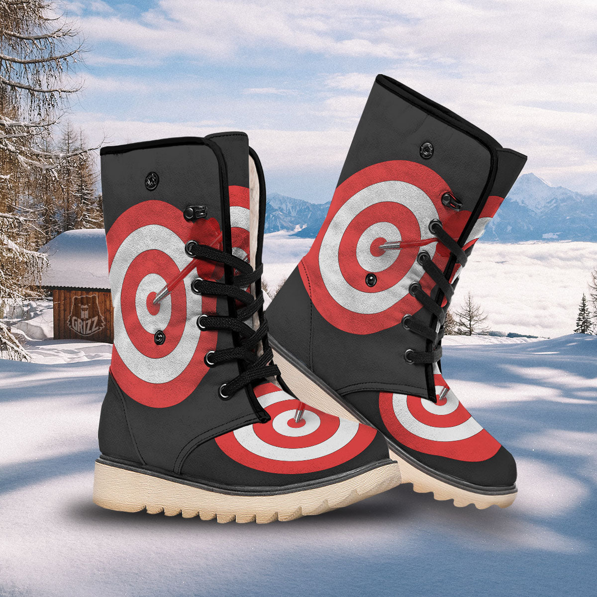 Bullseye Target White And Red Print Snow Boots-grizzshop