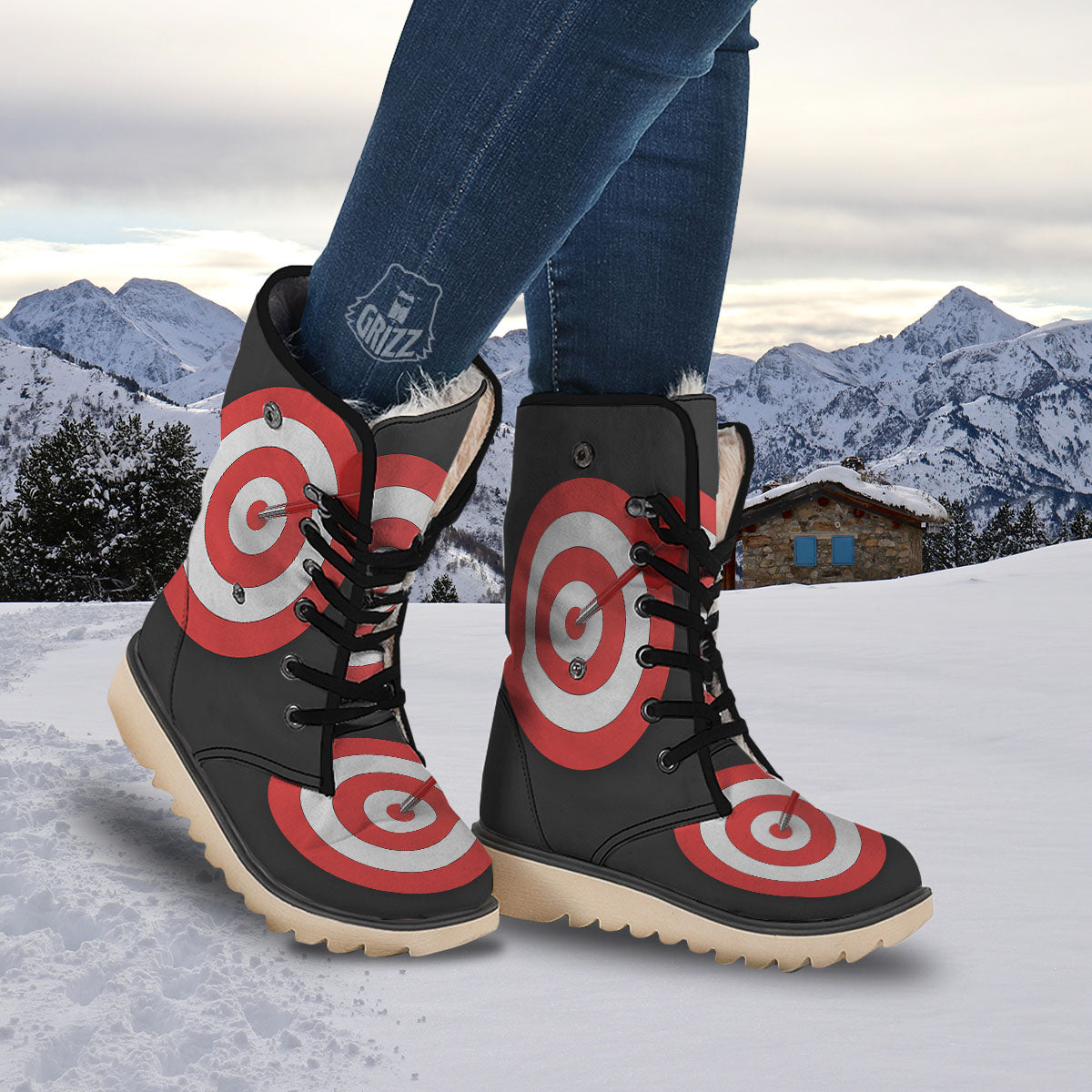Bullseye Target White And Red Print Snow Boots-grizzshop