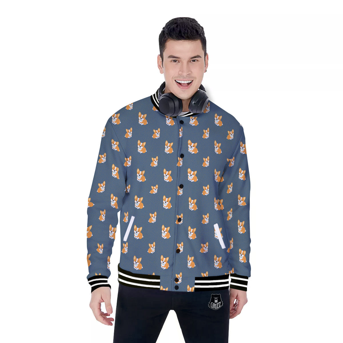 Bunny Corgi Print Pattern Baseball Jacket-grizzshop