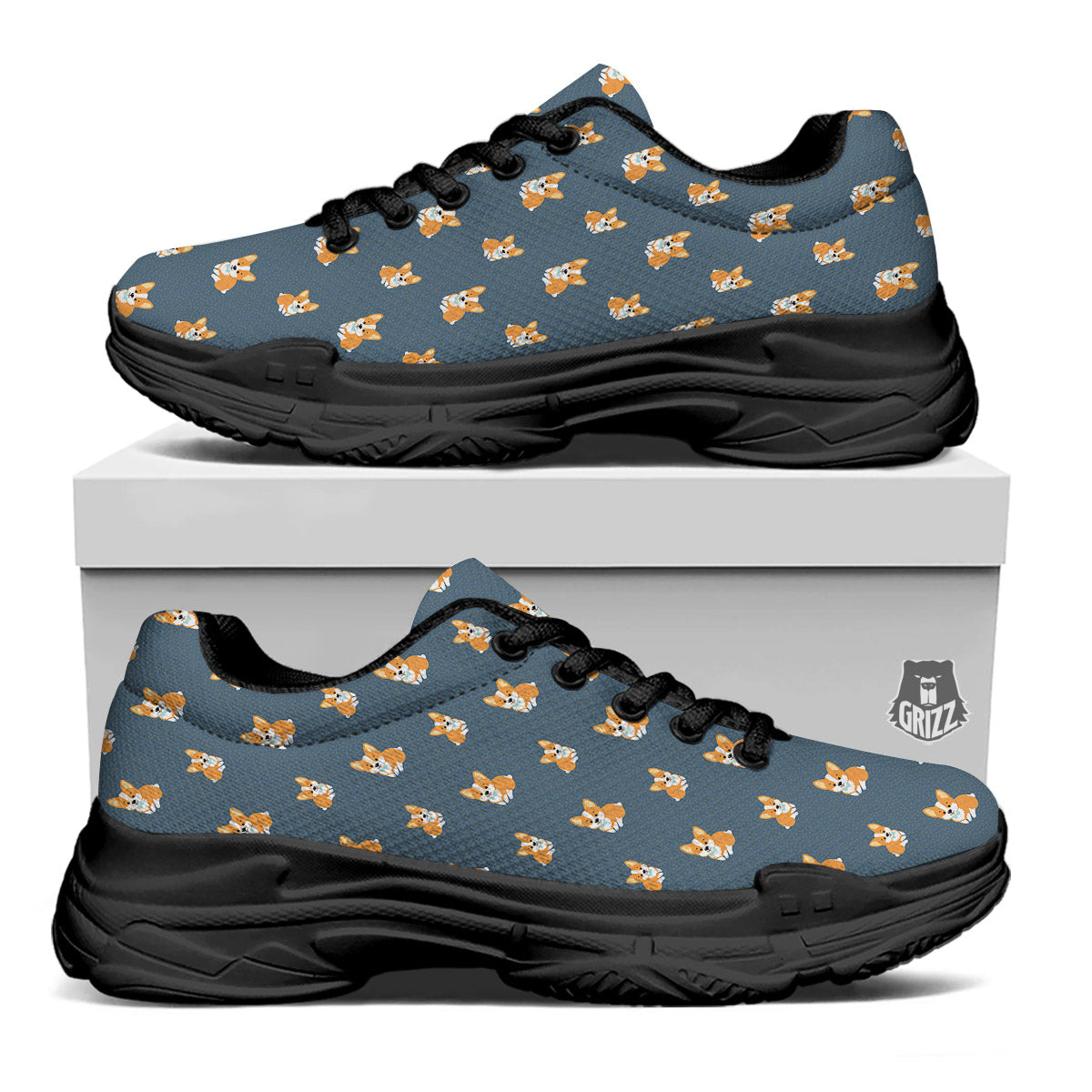 Bunny Corgi Print Pattern Black Chunky Shoes-grizzshop
