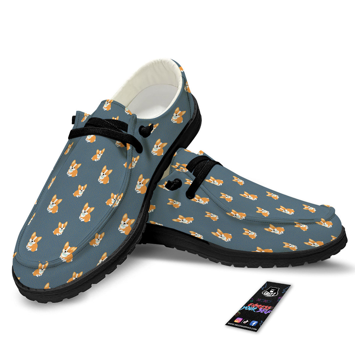 Bunny Corgi Print Pattern Black Loafers-grizzshop