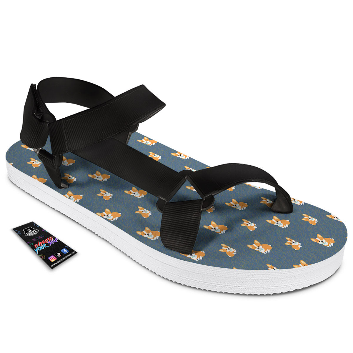 Bunny Corgi Print Pattern Black Open Toe Sandals-grizzshop