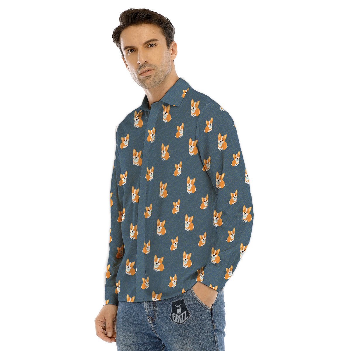 Bunny Corgi Print Pattern Men's Dress Shirts-grizzshop