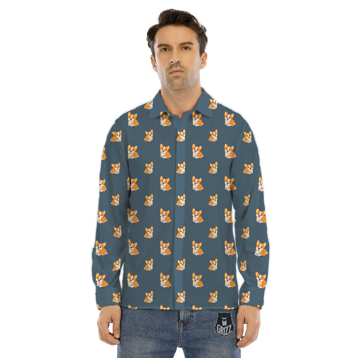 Bunny Corgi Print Pattern Men's Dress Shirts-grizzshop