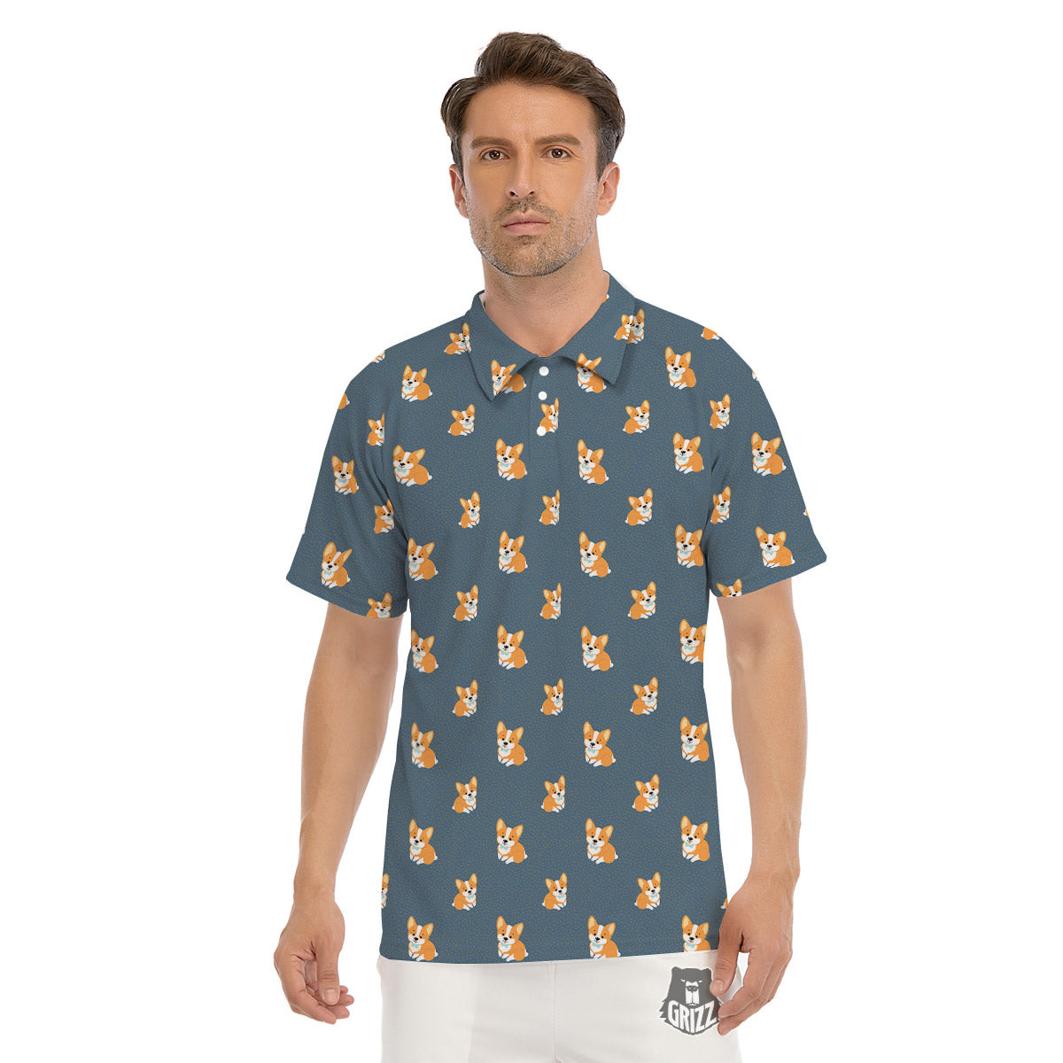 Bunny Corgi Print Pattern Men's Golf Shirts-grizzshop