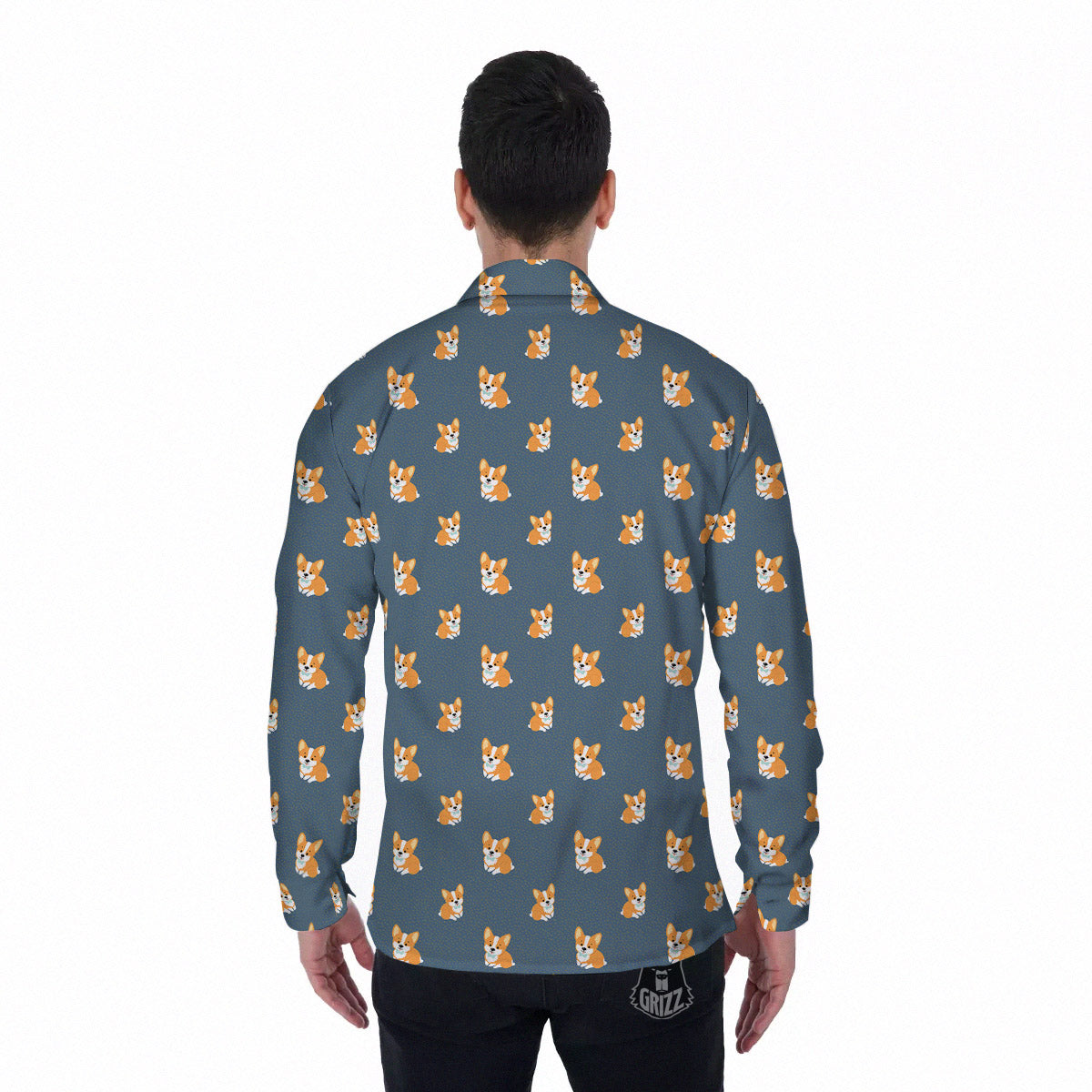 Bunny Corgi Print Pattern Men's Long Sleeve Shirts-grizzshop