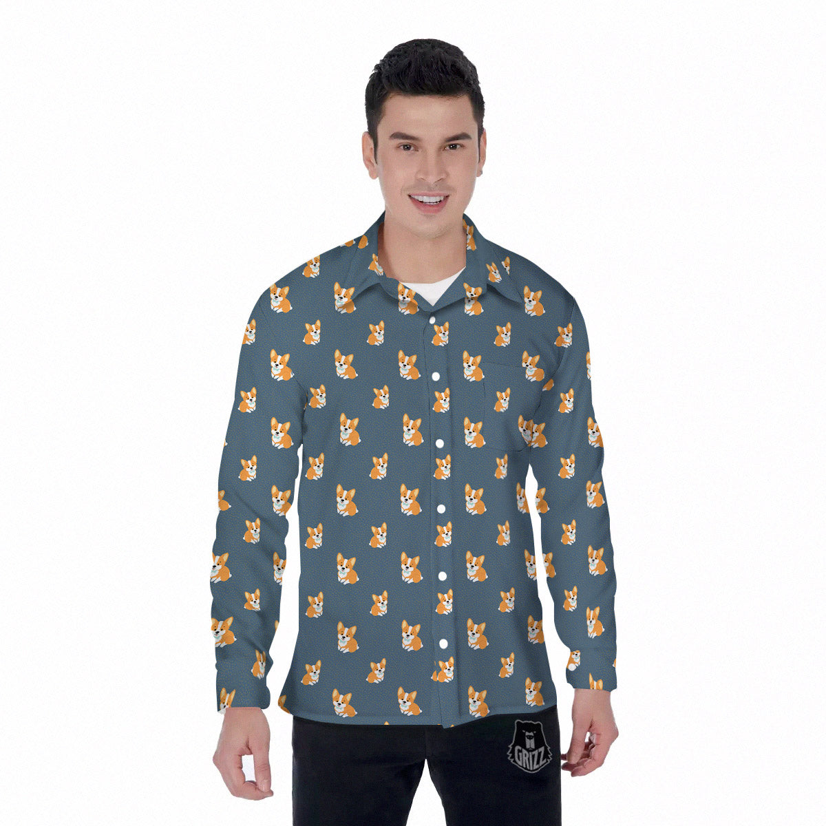 Bunny Corgi Print Pattern Men's Long Sleeve Shirts-grizzshop