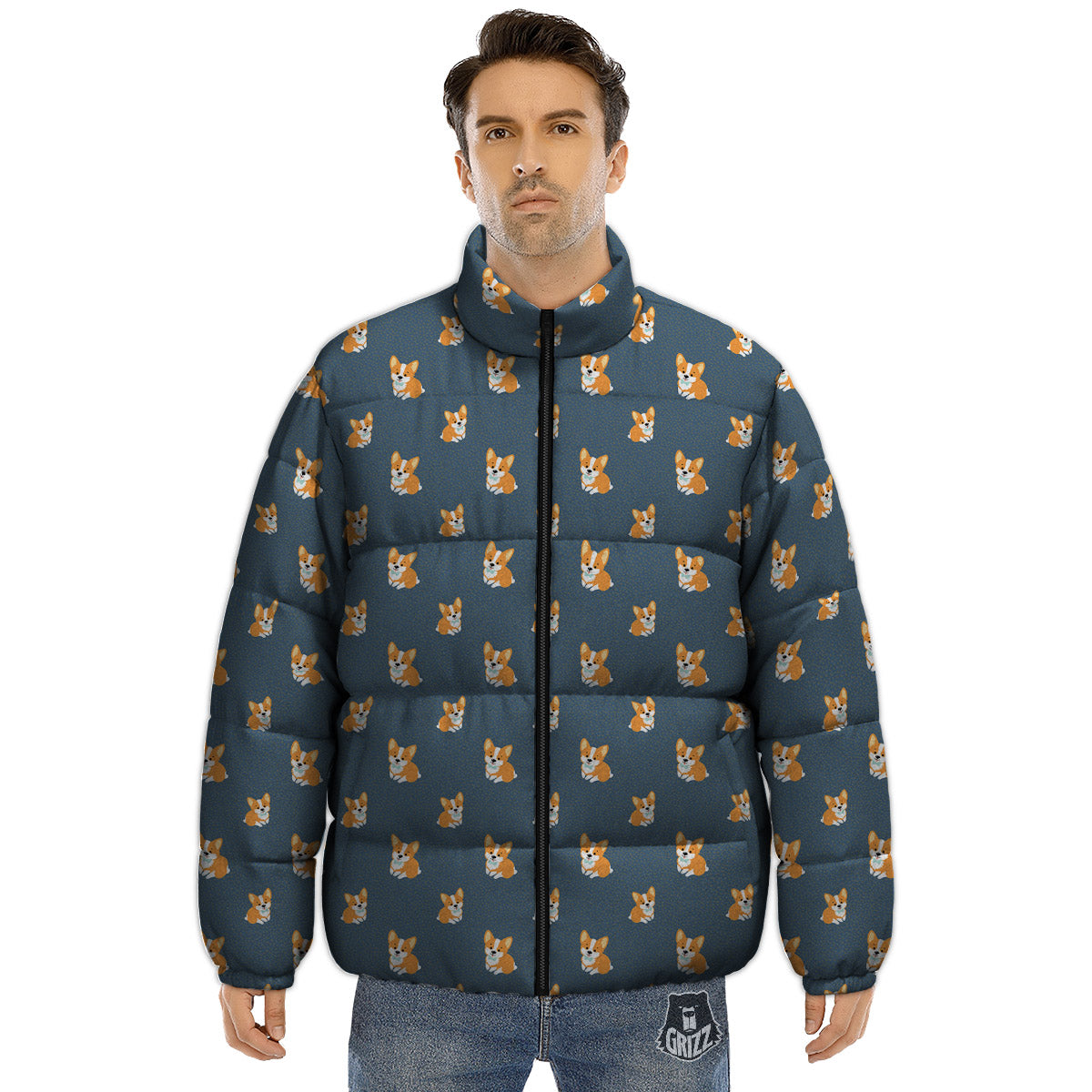 Bunny Corgi Print Pattern Puffer Jacket-grizzshop