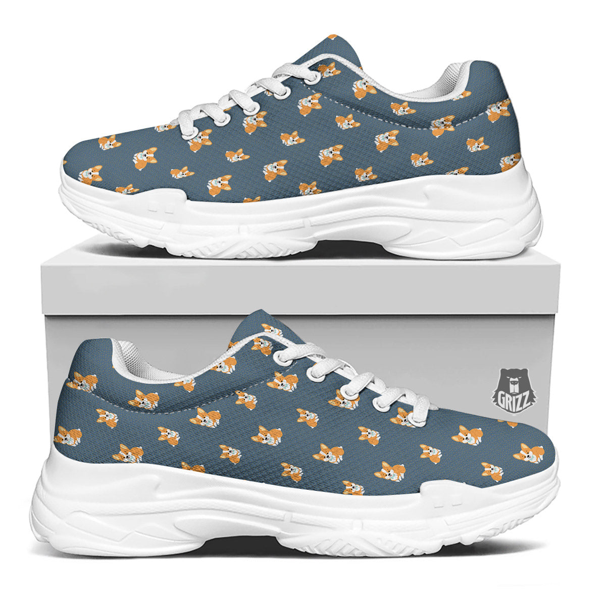 Bunny Corgi Print Pattern White Chunky Shoes-grizzshop