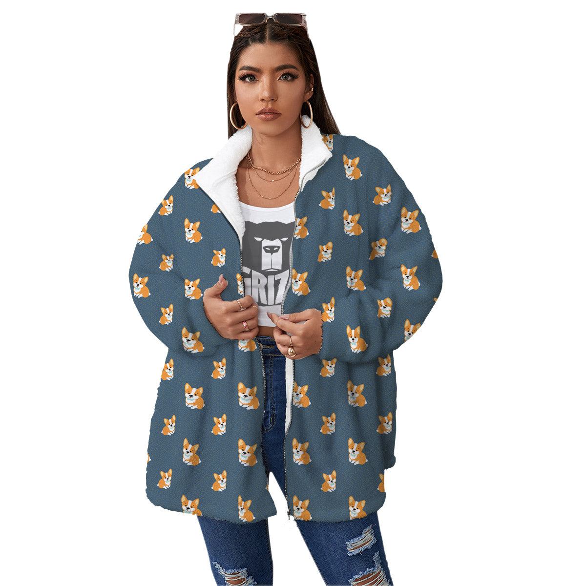 Bunny Corgi Print Pattern Women's Sherpa Jacket-grizzshop