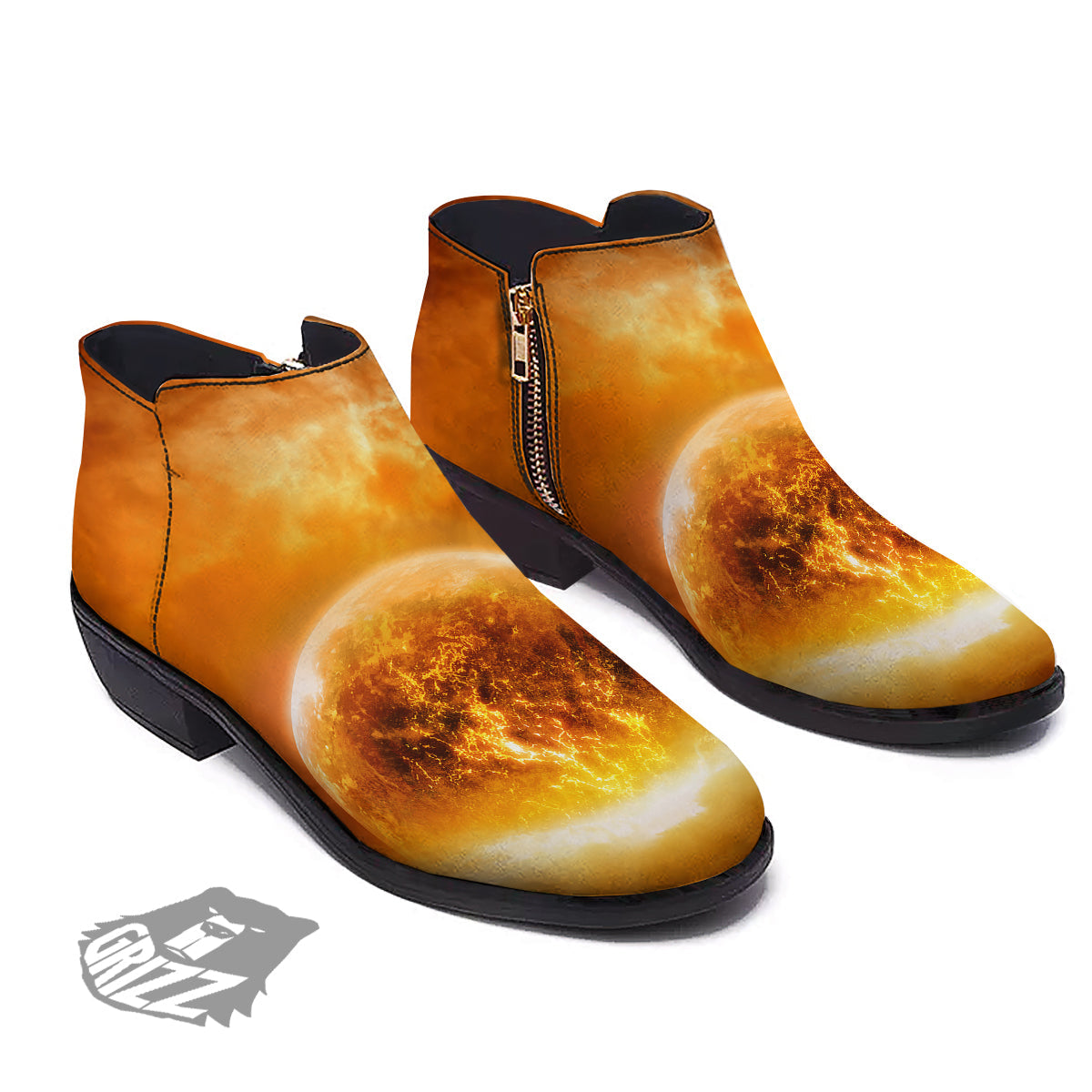 Burning Apocalyptic Planet Earth Print Ankle Boots-grizzshop