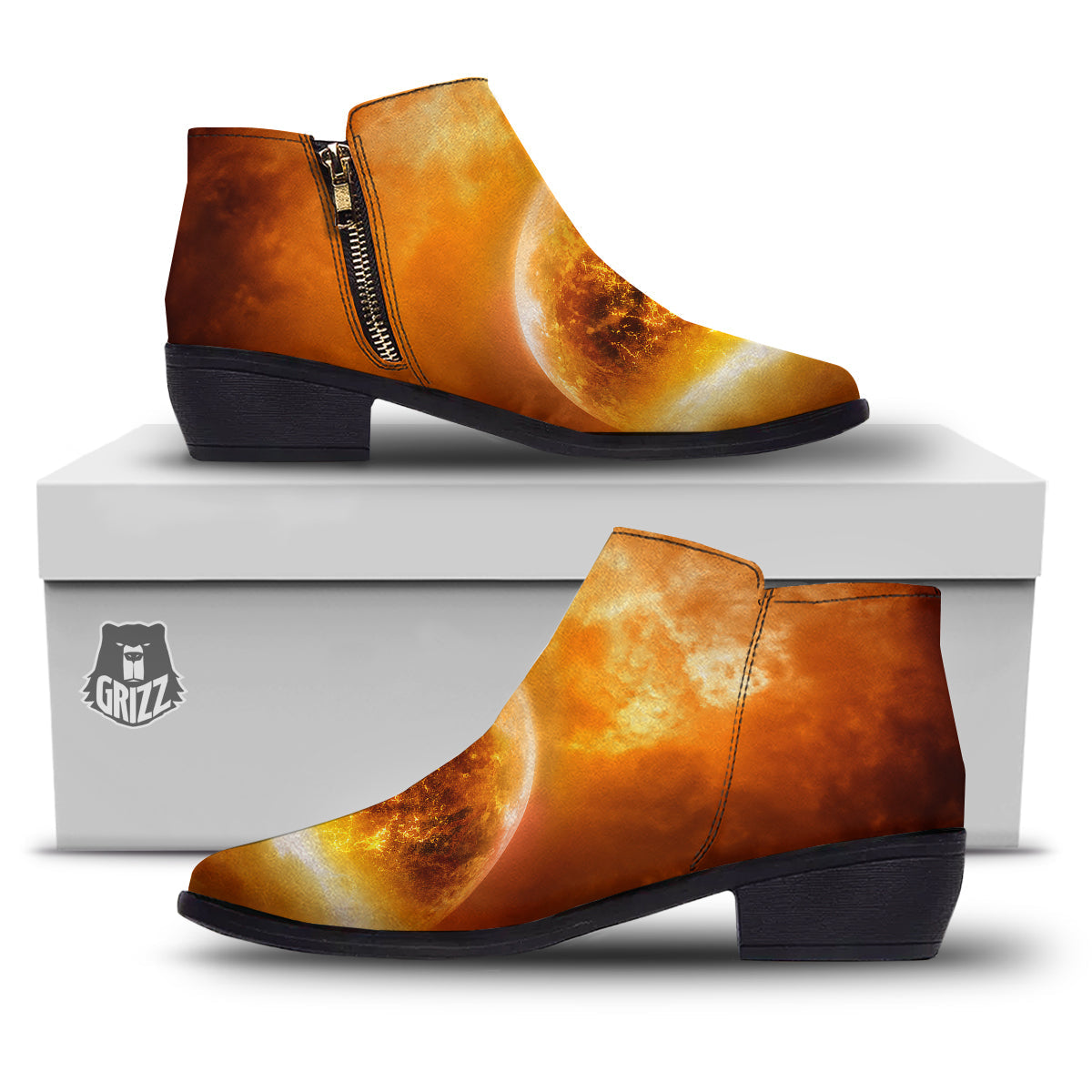 Burning Apocalyptic Planet Earth Print Ankle Boots-grizzshop