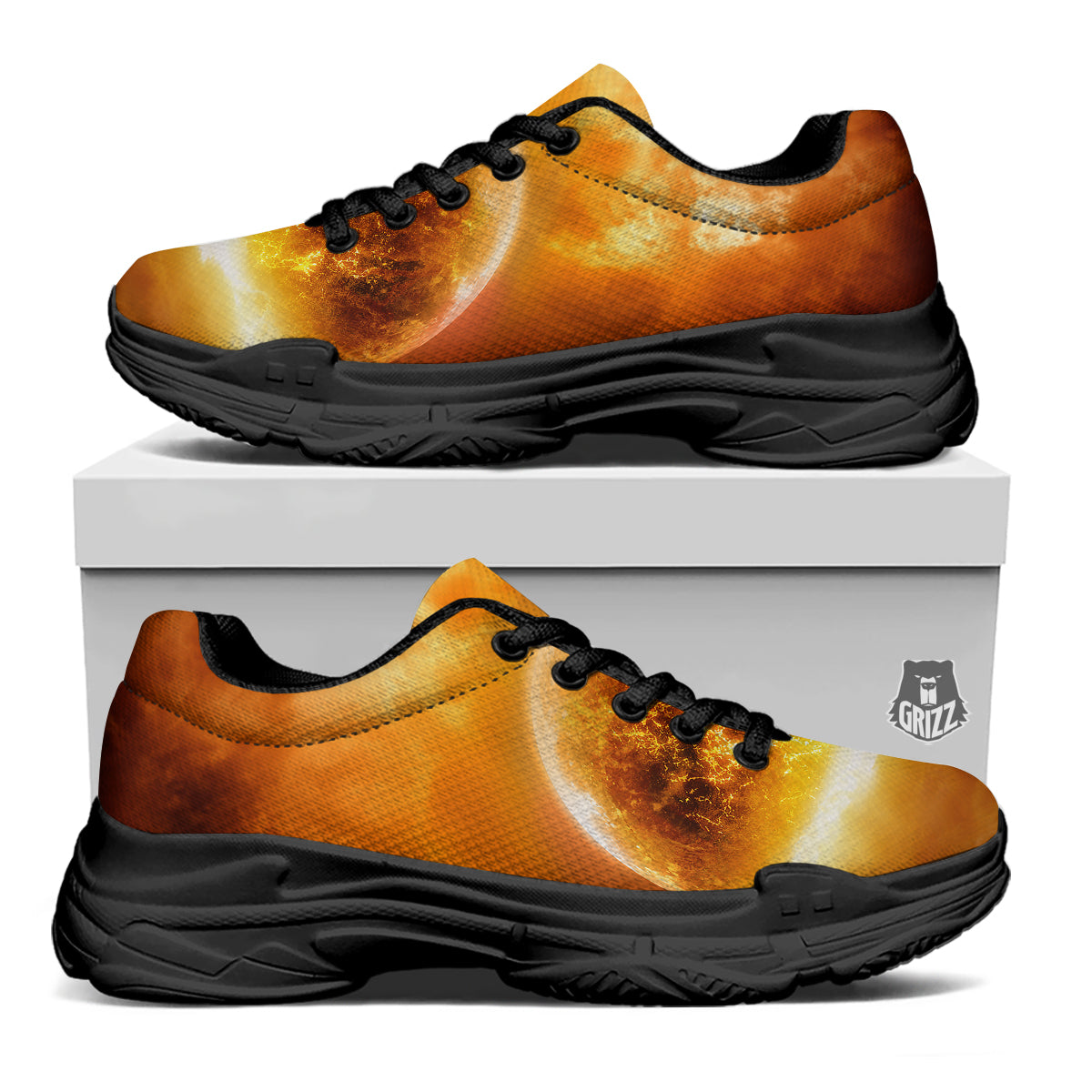 Burning Apocalyptic Planet Earth Print Black Chunky Shoes-grizzshop