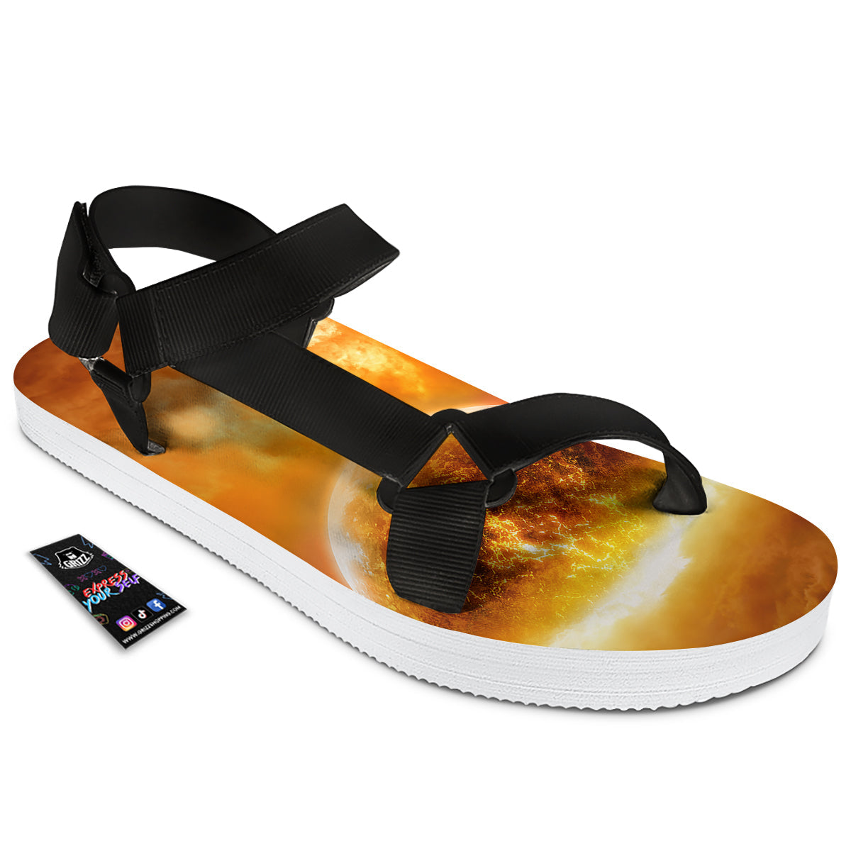 Burning Apocalyptic Planet Earth Print Black Open Toe Sandals-grizzshop