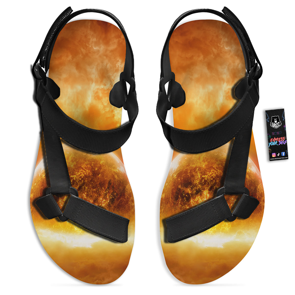 Burning Apocalyptic Planet Earth Print Black Open Toe Sandals-grizzshop