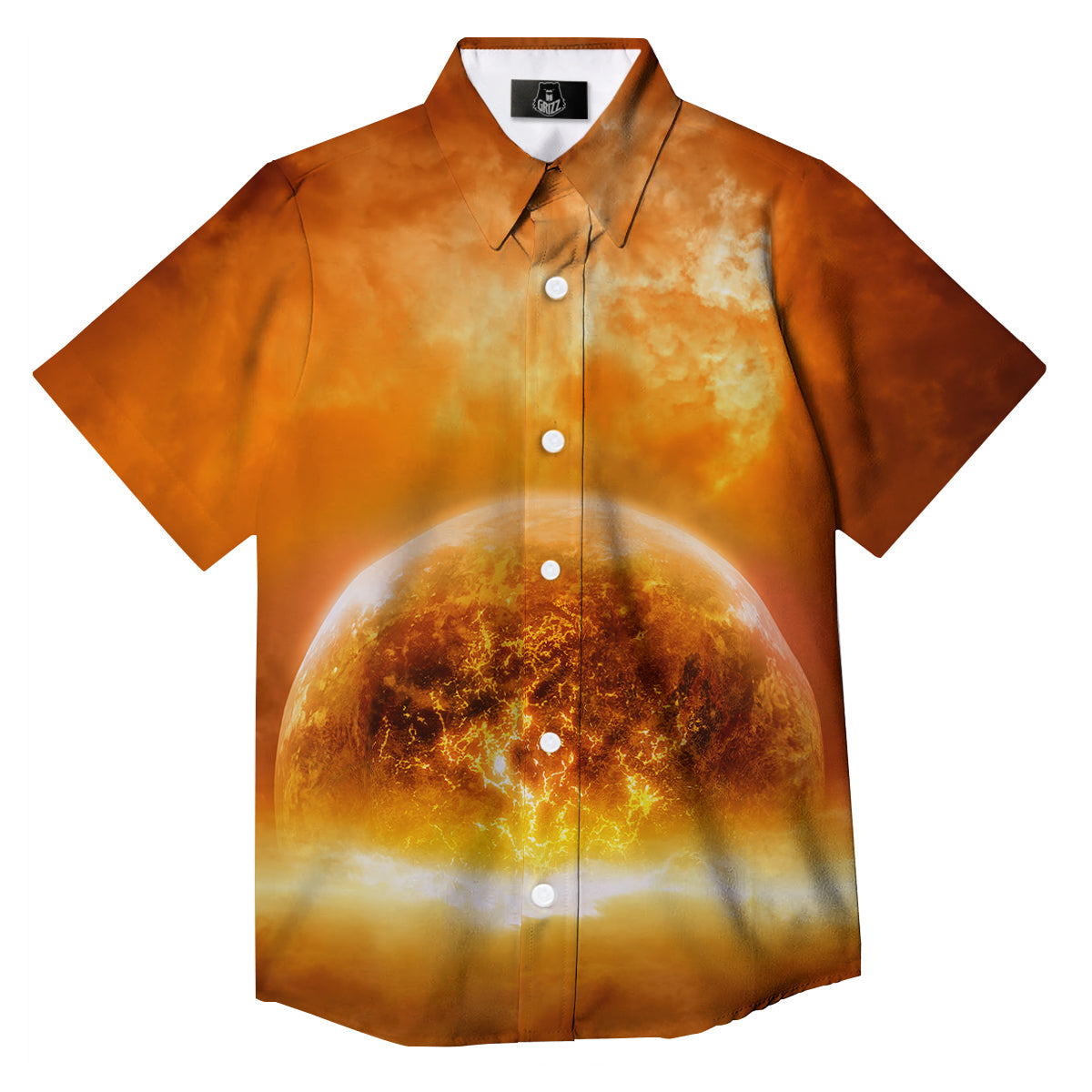 Burning Apocalyptic Planet Earth Print Button Up Shirt-grizzshop