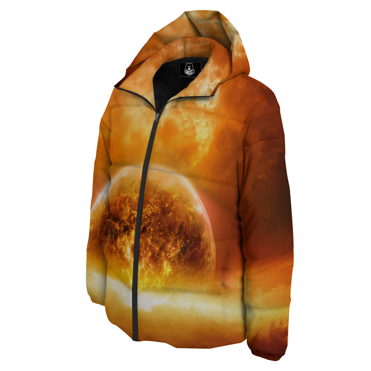Burning Apocalyptic Planet Earth Print Down Jacket-grizzshop