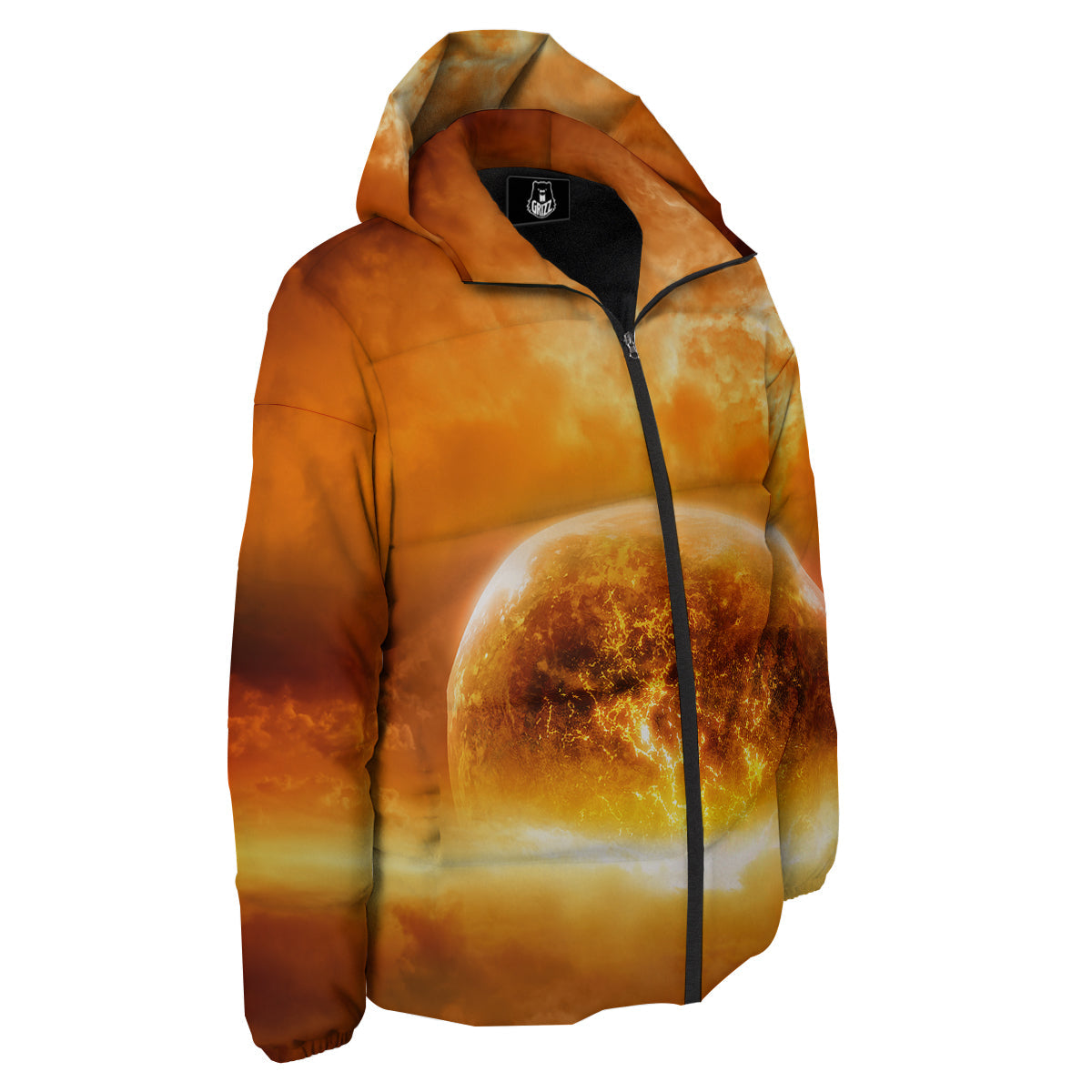 Burning Apocalyptic Planet Earth Print Down Jacket-grizzshop